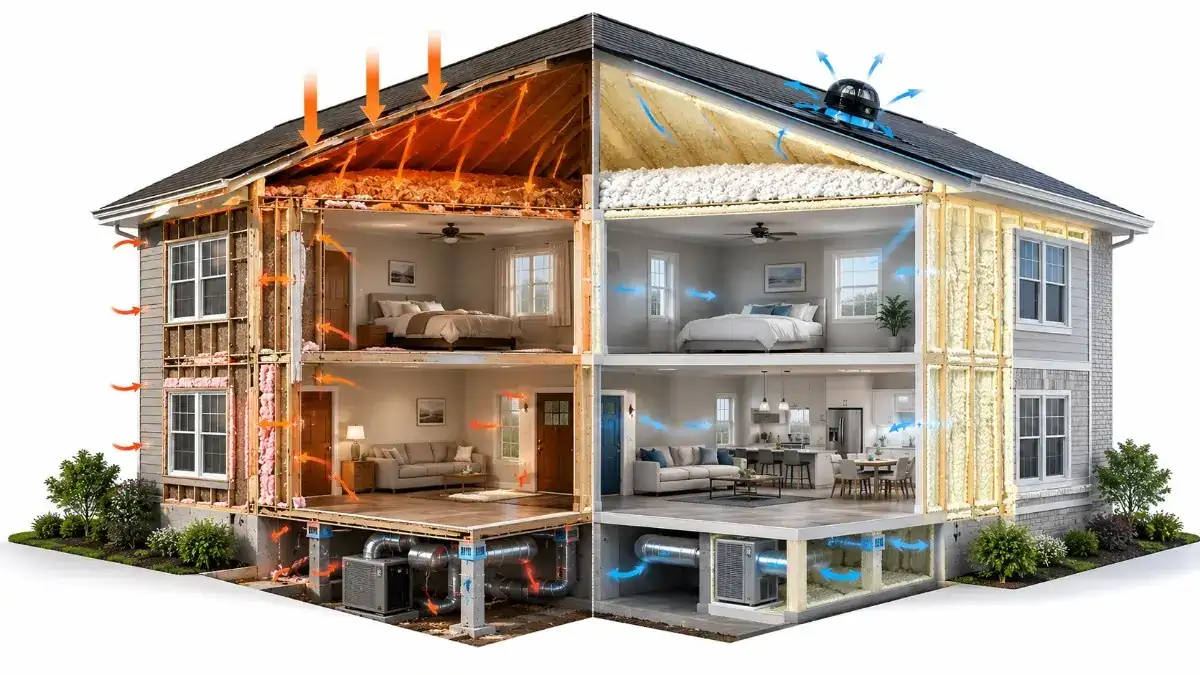 Before and after comparison of attic insulation removal and clean replacement in Houston